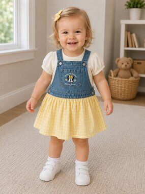 NWT - Disney Jr Minnie Honey Drop Yellow Checkered Skirt Denim Jumper - 12 Month